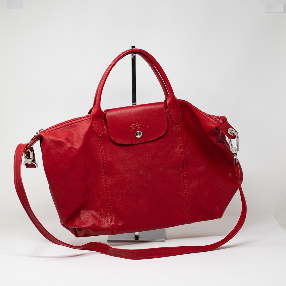 Longchamp Le Pliage Cuir Medium Genuine Leather Crossbody Satchel Bag Purse Red